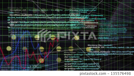 Displaying data visualization and code on screen, showing green grid, yellow nodes and line graph Displaying data visualization and code on screen, showing green grid, yellow nodes and line graph 135576498