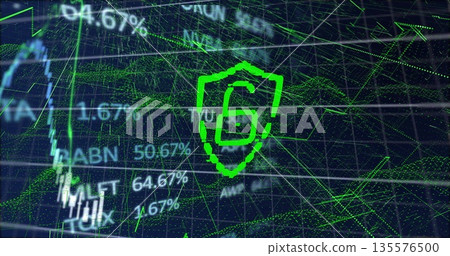 Displaying neon green shield icon glowing in data interface with grid and scrolling code overlays Displaying neon green shield icon glowing in data interface with grid and scrolling code overlays 135576500