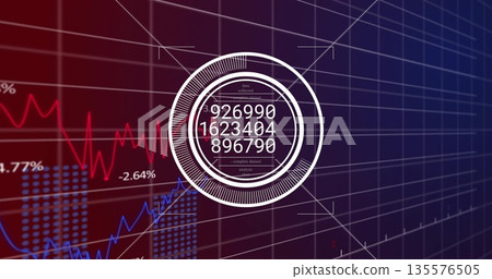 Displaying white infographic showing numeric values on screen with red and blue charts, grid lines 135576505