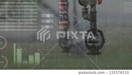 Spraying irrigation valve head sending water over grassland with financial data overlay, copy space Spraying irrigation valve head sending water over grassland with financial data overlay, copy space 135576510