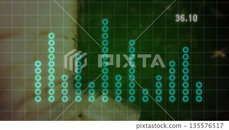 Displaying teal circle equalizer bars glowing on digital grid overlay with numeric readout 36 135576517