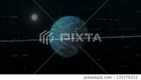 Showing spherical planet resembling Earth rotating in deep space, with bright star and bar graph 135576552