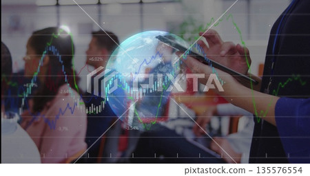 Swiping trainer hands using tablet in training room, with globe and stock chart overlay, copy space Swiping trainer hands using tablet in training room, with globe and stock chart overlay, copy space 135576554