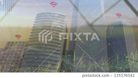 Cluster of curved glass skyscrapers showcasing network nodes overlay on grassy lawn, WiFi symbols Cluster of curved glass skyscrapers showcasing network nodes overlay on grassy lawn, WiFi symbols 135576582