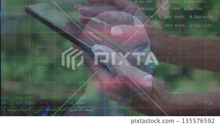 Holding smartphone in woman's hands showing AR head model in garden, with UI overlays Holding smartphone in woman's hands showing AR head model in garden, with UI overlays 135576592