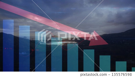 Displaying translucent descending bar chart over hills and peaks by lake at dusk, with pink arrow 135576598