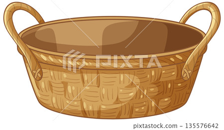 Empty Woven Wicker Basket with Two Handles on White Background Empty Woven Wicker Basket with Two Handles on White Background 135576642