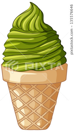 Matcha Green Tea Soft Serve Ice Cream in a Waffle Cone 135576646