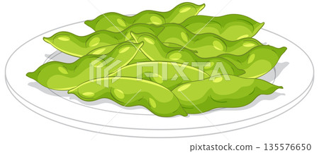 Fresh Green Edamame Soybeans Served on a White Ceramic Plate 135576650