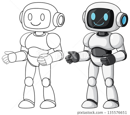 Friendly Humanoid Robot Character in Line Art and Color 135576651