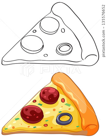 Pepperoni Pizza Slice Vector Illustration in Color and Line Art 135576652