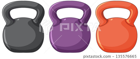 Three Colorful Kettlebells Vector Illustration for Fitness and Strength Training Three Colorful Kettlebells Vector Illustration for Fitness and Strength Training 135576665