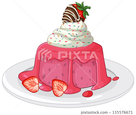 Pink Strawberry Pudding Dessert with Whipped Cream and Chocolate Dipped Berry Pink Strawberry Pudding Dessert with Whipped Cream and Chocolate Dipped Berry 135576671