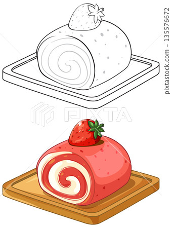 Strawberry Swiss Roll Cake Illustration in Color and Line Art 135576672