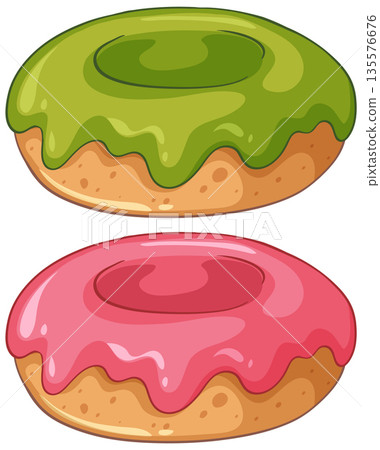 Vector Illustration of Two Glazed Donuts with Green and Pink Frosting 135576676
