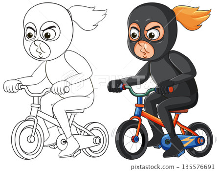 Female Robber Cartoon Riding Bicycle with Determined Expression Female Robber Cartoon Riding Bicycle with Determined Expression 135576691