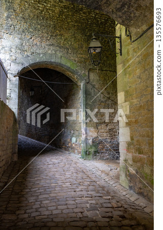 Mystery alley scene, Enigmatic cobblestone passageway atmosphere 135576693