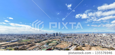 Aerial view of Minuma rice fields and summer sky in Saitama Prefecture, winter 135576946