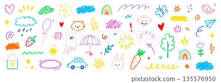 Cute kid baby icon set. Hand drawn kid doodle marker stroke with cute color rainbow, sun, cloud childish background. Cartoon sketch children flower, car, house icon elements. Vector 135576950