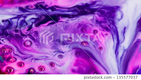 Art texture. Ink mix blur. Colorful pigment spill on uneven purple violet background. Neon paint with bubble particles abstract blur marble flow. Art texture. Ink mix blur. Colorful pigment spill on uneven purple violet background. Neon paint with bubble particles abstract blur marble flow. 135577037
