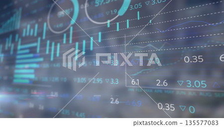 Displaying financial dashboard on screen showing bar charts, line graphs, gauges, percentage arrows 135577083