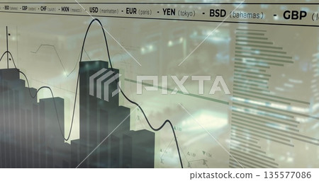 Displaying glass display showing 3D bar chart and line graph over currency tickers at office window 135577086