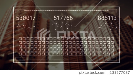 Displaying HUD panel projecting readouts over financial district, with bar charts and grid icons Displaying HUD panel projecting readouts over financial district, with bar charts and grid icons 135577087