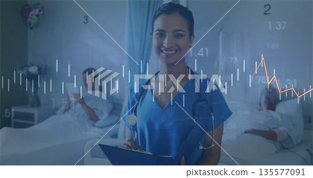 Smiling nurse in blue scrubs holding clipboard at hospital ward, with smartphone and stethoscope Smiling nurse in blue scrubs holding clipboard at hospital ward, with smartphone and stethoscope 135577091