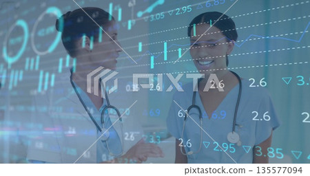 Discussing health data, medical team analyzing charts in lab, with stethoscopes and data interface 135577094