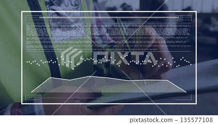 Technician scanning tablet screen and interacting with HUD overlay in warehouse, safety vest Technician scanning tablet screen and interacting with HUD overlay in warehouse, safety vest 135577108