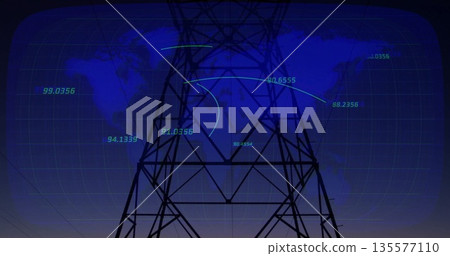Displaying electricity tower silhouette rising in digital grid, with world map overlay, data flows 135577110
