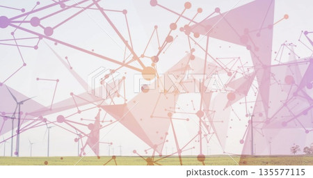 Showing abstract nodes and lines with translucent triangles over grassy wind farm plain and trees Showing abstract nodes and lines with translucent triangles over grassy wind farm plain and trees 135577115
