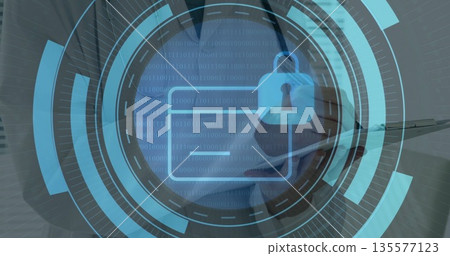 Standing female professional analyzing folder icon at office holding clipboard and padlock icon 135577123