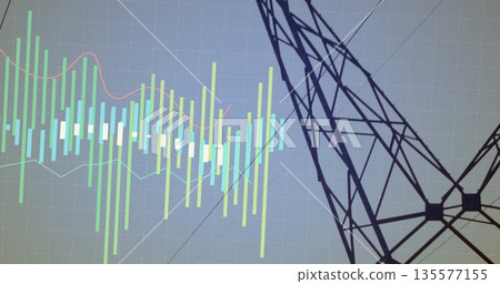 Tower silhouette standing in grid visualization, with bars, trend and reference line, copy space 135577155