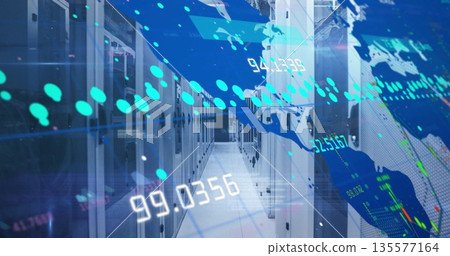 Showcasing server cabinets lining datacenter aisle with LED lights, world map data points and stats Showcasing server cabinets lining datacenter aisle with LED lights, world map data points and stats 135577164