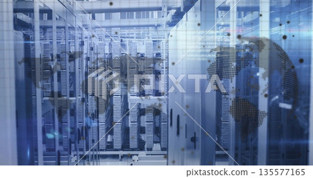 Central server rack operating behind glass doors in data center, with blinking LED indicators Central server rack operating behind glass doors in data center, with blinking LED indicators 135577165