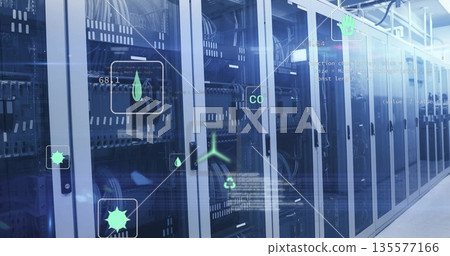 Displaying glass racks projecting holographic icons in data center corridor, with patch cables Displaying glass racks projecting holographic icons in data center corridor, with patch cables 135577166