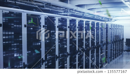 Operating servers housed in cabinets lining data center aisle, with blinking LED indicators Operating servers housed in cabinets lining data center aisle, with blinking LED indicators 135577167