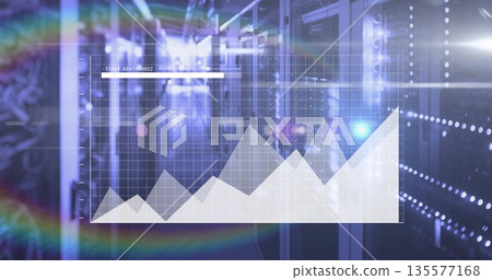 Displaying grid chart overlay in data center hallway, with server racks and LED indicators Displaying grid chart overlay in data center hallway, with server racks and LED indicators 135577168