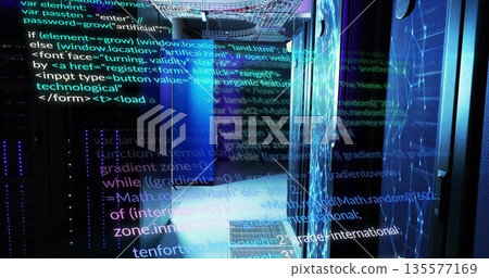Floating blue hologram in data center corridor, with server racks, bundled cables and code overlay Floating blue hologram in data center corridor, with server racks, bundled cables and code overlay 135577169