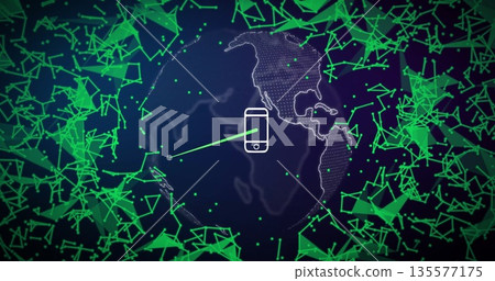 Showing smartphone icon linking to globe in digital network, with dotted outlines, neon green links 135577175