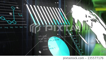 Displaying data on digital interface, with bar, line, pie charts, code snippets, globe silhouette 135577176
