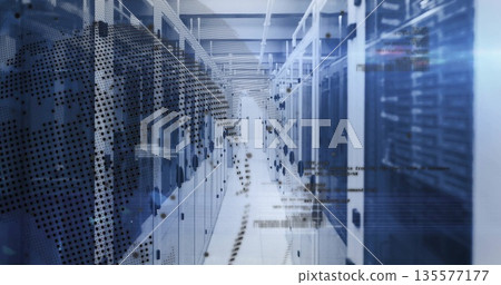 Showcasing data center corridor, with server racks, network switches, blade servers and LED lights 135577177