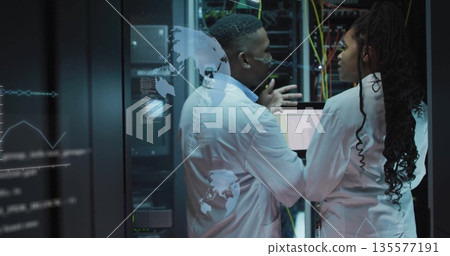 Network engineers in lab coats discussing and analyzing 3D data overlays in data center with racks Network engineers in lab coats discussing and analyzing 3D data overlays in data center with racks 135577191