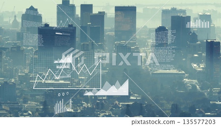 Hovering digital overlays over downtown, showing line graphs, bar charts, grid panels, text blocks 135577203