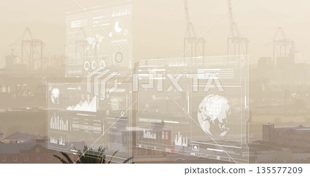 Floating digital dashboards showing maps and charts at seaport, with container cranes, palm frond Floating digital dashboards showing maps and charts at seaport, with container cranes, palm frond 135577209