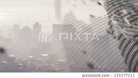 Merging dotted halftone face overlay into hazy urban skyline, with skyscrapers and smog, copy space Merging dotted halftone face overlay into hazy urban skyline, with skyscrapers and smog, copy space 135577211