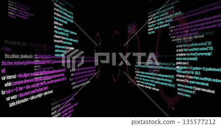 Displaying installation projecting JavaScript code across dark room walls, with circular code rings Displaying installation projecting JavaScript code across dark room walls, with circular code rings 135577212