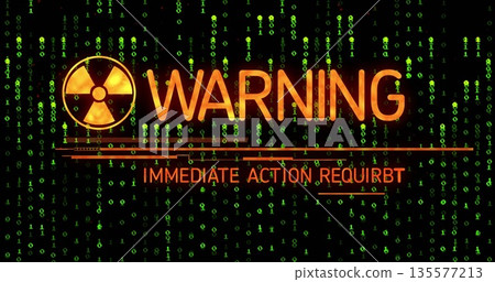 Displaying uppercase WARNING text on computer screen with glowing radiation symbol and binary code Displaying uppercase WARNING text on computer screen with glowing radiation symbol and binary code 135577213