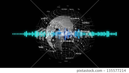 Displaying 3D wireframe globe with grid lines and numeric labels on dashboard, with audio waveform Displaying 3D wireframe globe with grid lines and numeric labels on dashboard, with audio waveform 135577214